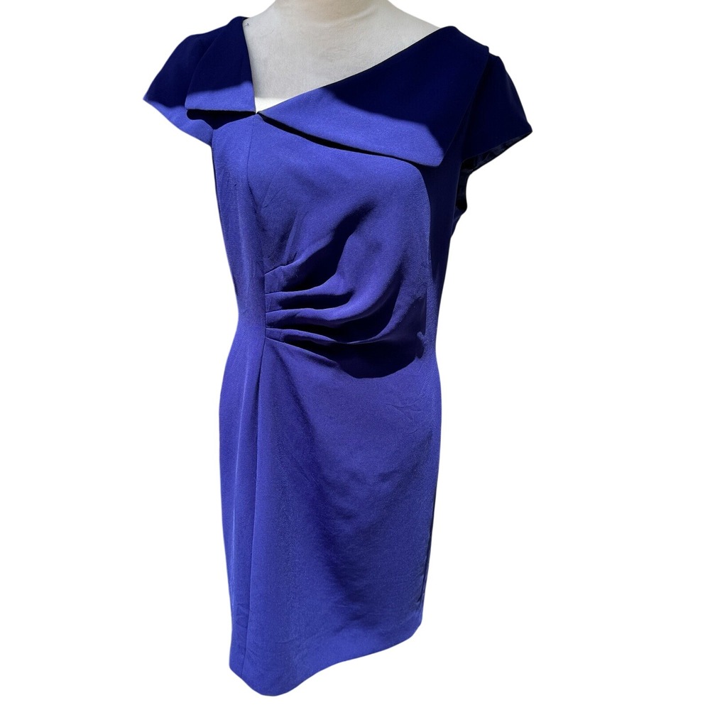 TAHARI. Blue Shift Dress. Envelope Collar. S 10. Cap sleeves. Midi. Fully Lined. - Picture 3 of 12